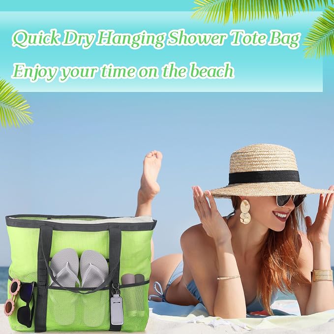 Hillban Large Beach Mesh Bags Bulk for Women Beach Tote Bag with 8 Pocket Zipper Waterproof Sandproof for Pool Cruise Ship - Image 2