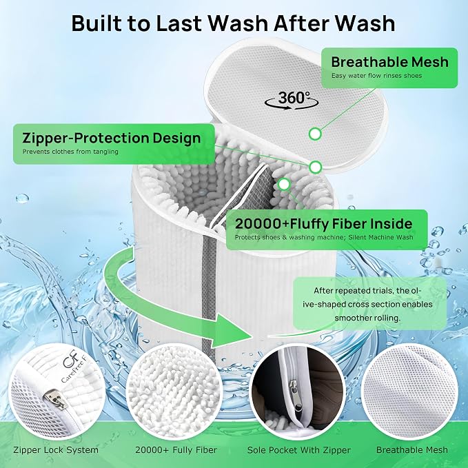 Upgraded Dual Compartment Design Shoe Bag for Washing Machine with Adjustable Shoes Trees& Sneaker Dryer Bag, 420g Heavy-Duty Shoe Washing Machine Bag, Clasp-Lock Zipper for Maximum Protection - Image 2
