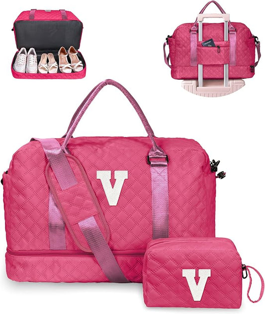 College Graduation Gifts,Birthday Gift-Initial Travel Bag with Shoe Compartment, Personalized Weekender Bag, Monogram Overnight Bag for Women, Letter Travel Bag with Makeup Bag (Letter V) by Vogewood
