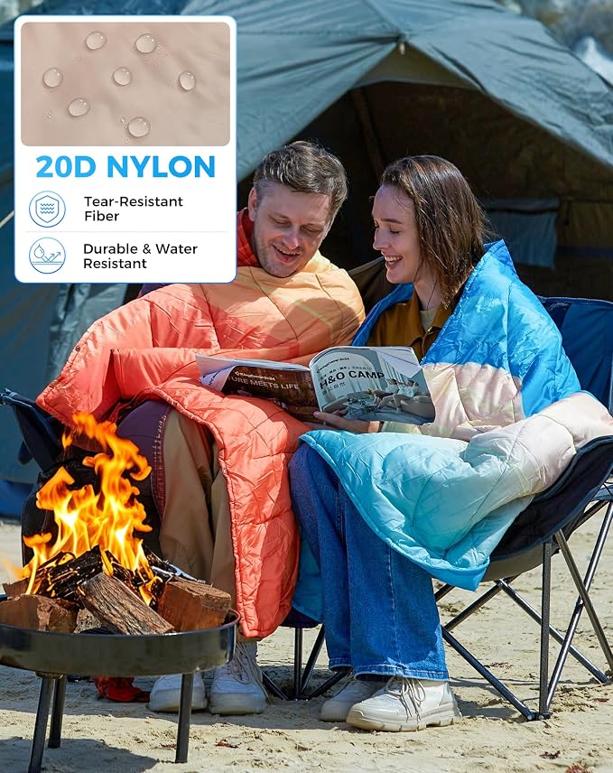 KingCamp Ultralight Camping Blanket, Packable Down Alternative Puffy Printed Wearable Blanket with Snap Buttons & Corner Loops Weatherproof Quilt for Outdoor Travel (78.7" x 57.1", Cyan/Orange) | Down Alternative Puffy Printed Blanket with Snap Buttons... - Image 5