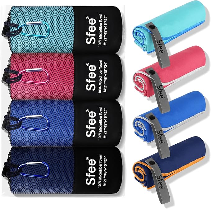Sfee 4 Pack(8Pcs) Microfiber Travel Towel, Quick Dry Towel Camping Towel Super Absorbent Compact Lightweight Sports Towel Swim Gym Beach Towels Set for Gym, Hiking, Pool, Backpacking, Bath, Yoga by Sfee