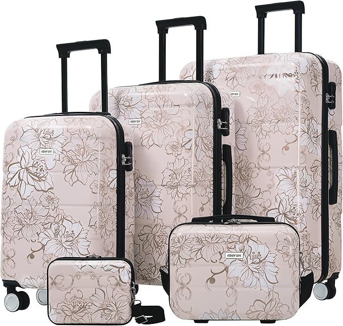 Merax Luggage Set,5 Piece Luggage with Handbag and Cosmetic Case | Hardside Printing Suitcase with Wheels,Carry on Luggage Airline Approved(Pink Flower,8/14/20/24/28) by Merax