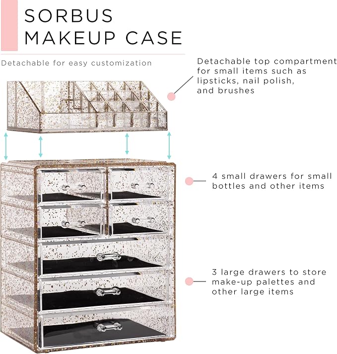 Sorbus Acrylic Makeup Organizer Set, 7-Drawer Vanity & Countertop Cosmetic Storage with Small & Wide Compartments, Glitter Makeup Storage for Brushes, Jewelry – Holiday Gift for Women & Teens - Image 4