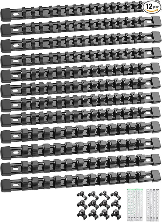 ALOANES 12PC Socket Organizer, Socket Rails Fit 1/2", 1/4" and 3/8" Drive | Heavy Duty ABS Socket Holders Hold up 172 Sockets for Toolbox Drawer Bags(Black) by Aloanes