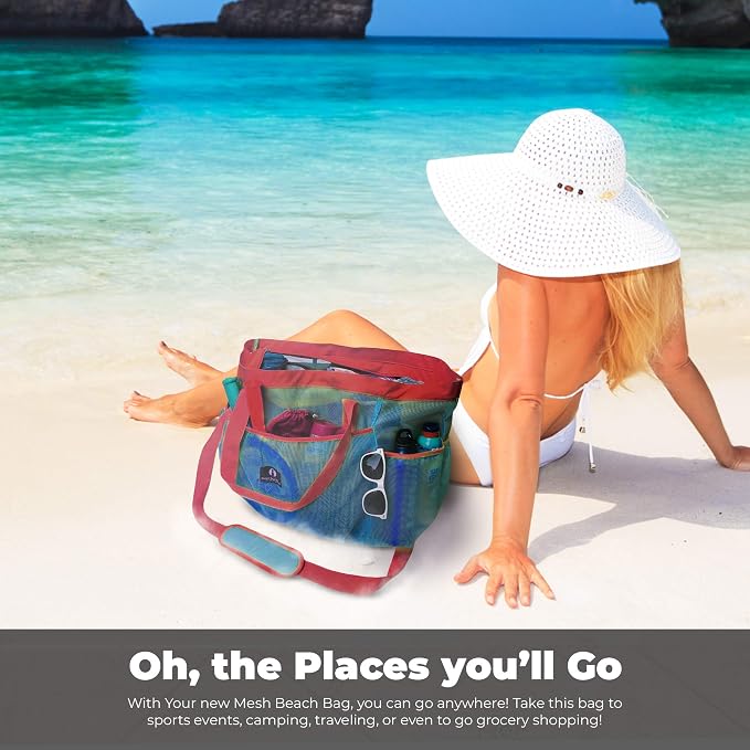 Red Suricata Mesh Beach Bag with Zipper - Extra Large Beach Tote Bag – Pool Bag | with Zipper - Image 6