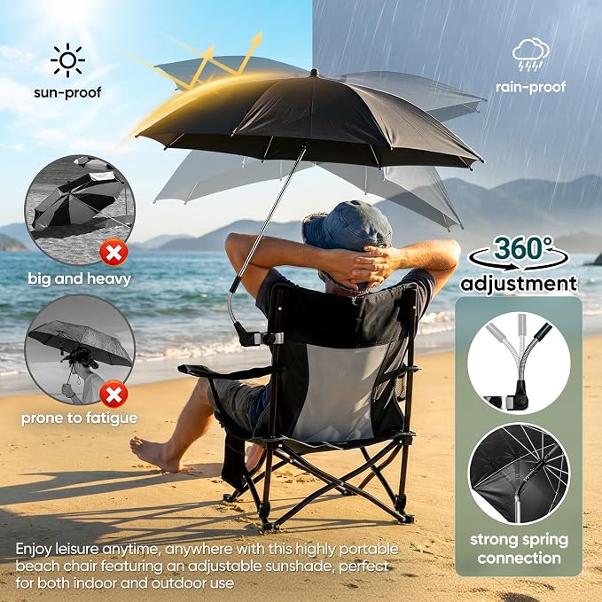HaSteeL Low Beach Chair Set of 2, Foldable Black Camping Chair with Adjustable Umbrella Set for Adults, Lightweight Portable Lawn Chairs for Fishing, Picnic, Outdoor BBQ, Travel, Sports - Image 5
