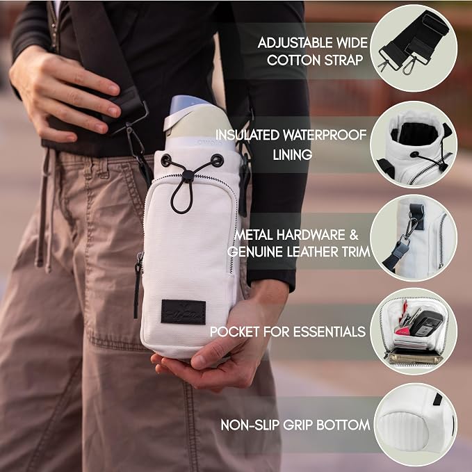 Water Bottle Holder with Strap & Pocket Fits 16 to 32 oz Bottles Crossbody Water Bottle Carrier for Women Canvas and Leather - Image 6
