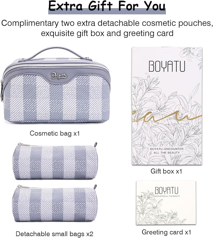 BOYATU Travel Makeup Bag Organizer Cosmetic Bag: 3 Pcs Set Make up Bags for Women with Handle - Waterproof Vegan Leather Toiletry Bags Travel Essentials Pouch with Compartments (F-05-Blue) - Image 6