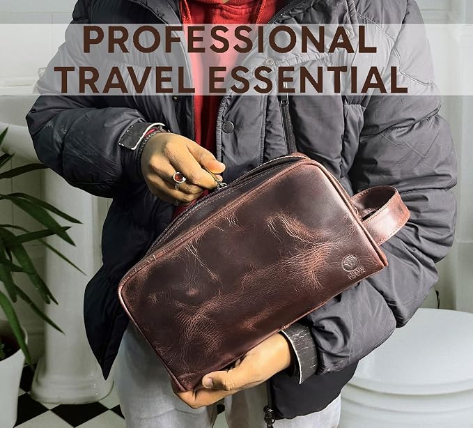 RUSTIC TOWN Leather Toiletry Bag for Men - Travel Shaving Ditty Kit - Bathroom Shower Toiletries Organizer - Leather Cosmetic Bag for Women (Walnut Brown) - Image 2