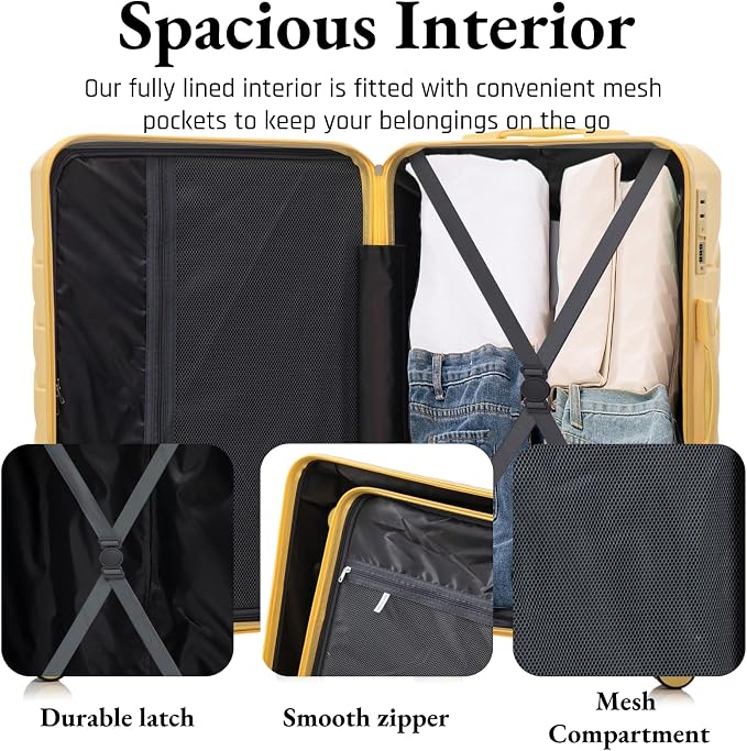 3-Piece ABS Spinner Luggage Set (20" 24" 28") with Combination Lock, Matching Hardshell Suitcases, Yellow - Image 5