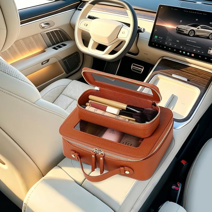 Clear Travel Makeup Bag, Brown, L+Slim | With Brush Bag, Transparent, Waterproof, With Zipper - Image 7