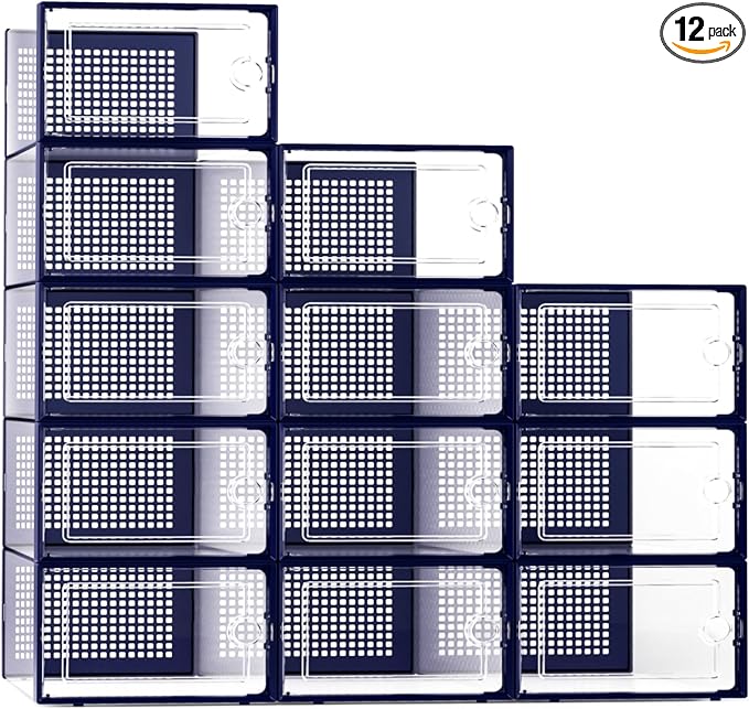 Kuject X-Large Shoe Storage Boxes Organizers Clear Plastic Stackable 12 Pack, Shoe Rack & Holder Substitute, Sneaker Containers, Toy Storage Organizer Bins for Entryway, Closet, Under Bed, Blue by Kuject
