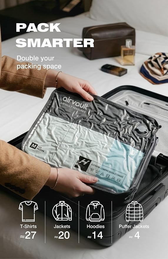AirVault Reusable Vacuum Compression Travel Bag for Carry-On Suitcase and Backpack, Recycled IPX8 Waterproof Space Saver Vacpack (18L (21L (2-Pack)) - Image 5