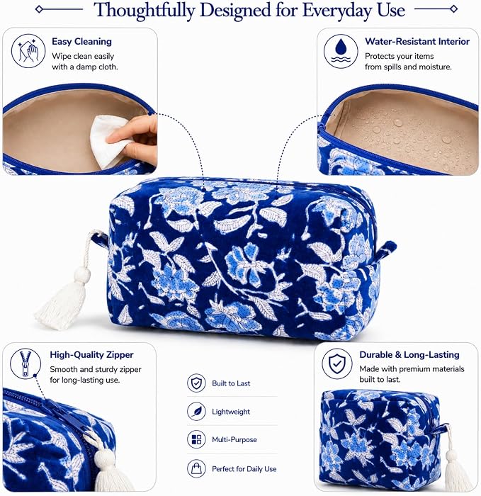 Huar Travel Makeup Bag- Large Capacity Cosmetic Bags for Women - Water Resistance Lining Portable Pouch & Open Toiletry Bag - Perfect Girls Makeup Organizer for Travel Essentials (Velvet Blue) - Image 3