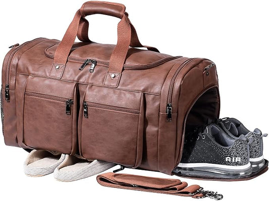 Leather Travel Bag with Shoe Pouch,Weekender Overnight Bag Waterproof Leather Large Carry On Bag Travel Tote Duffel Bag for Men or Women-Brown by Seyfocnia
