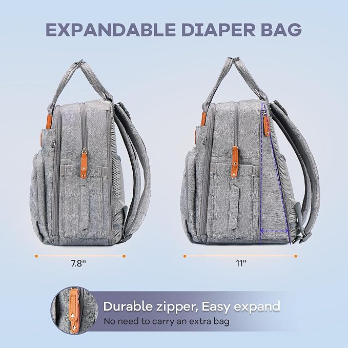 RUVALINO Diaper Bag Backpack-Expandable Baby Bag with up to 50% Capacity -Baby Essentials Bag with Changing Pad Insulated Bottle Holders & Pacifier Case, Waterproof, Gray XL - Image 2