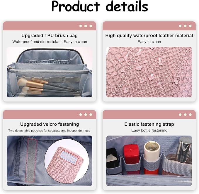 BOYATU Travel Makeup Bags for Women: 3 Pcs Set Wide Open Cosmetic Bag - Portable Make up Bags with Handle - Vegan Leather Toiletry Organizer Bag with Divider (G-02-Pink) - Image 5