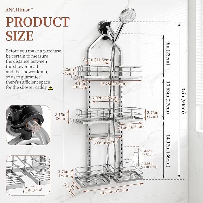 3-Tier Adjustable Hanging Shower Caddy for Handheld Showerhead, Silver | Rustproof Shower Rack Baskets, Anti-Swing Hanging Shower Organizer for Bathroom Storage with 2 S-Hooks, Large Capacity - Image 2
