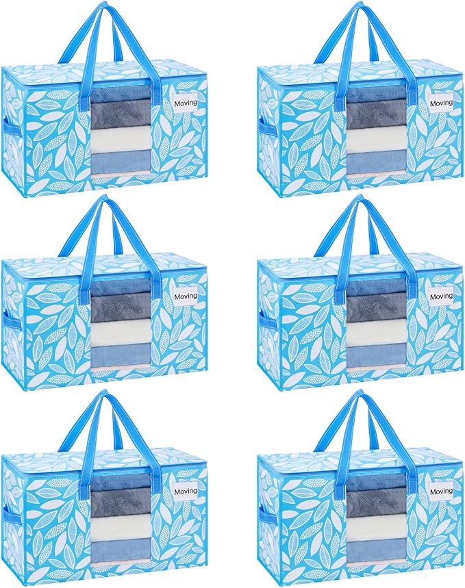 VENO 6 Pack Heavy Duty Moving Bags, Clothes and Comforter Storage Bags with Clear Window, College Dorm Essentials Packing Supplies, Foldable Boxes Alternative (Spring Breeze, 6 Pack) by Veno