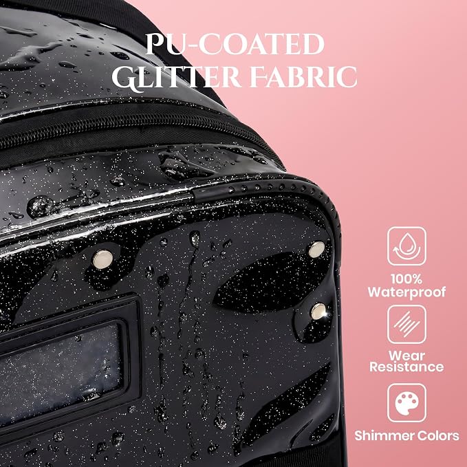 Fanwoli 23" Rolling Dance Duffel Bag with Garment Rack | Detachable 4-Spinner Wheels | Waterproof Glitter Fabric | Competition Travel Luggage for Cheerleader, Skating, Gymnast & Sleepover | Black - Image 3