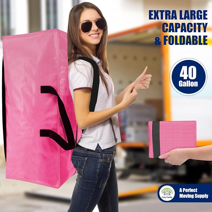 Cosy Family 8 Pack Heavy Duty Extra Large Moving Bags with Backpack Straps - Strong Handles & Zippers, Storage Totes For Space Saving, Fold Flat, Alternative to Moving Box (40 gal, Pink) - Image 7