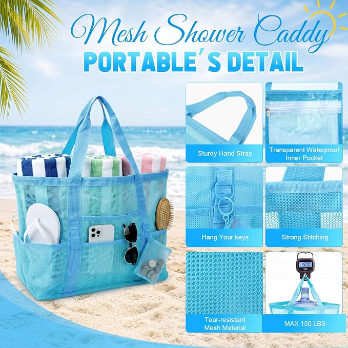 Hillban Large Mesh Beach Bag Bulk for Women Waterproof Sandproof Pool Tote Bag with 8 Pocket Small Zipper Pouch with Ring - Image 3