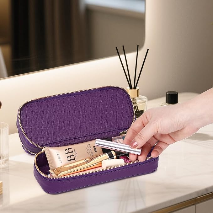 Double Layer Makeup Bag Makeup Brush Case Waterproof Travel Cosmetic & Toiletry Bag Purse Organizer and Car Essentials for Women (D.Purple, 2-Layer SLIM) - Image 3