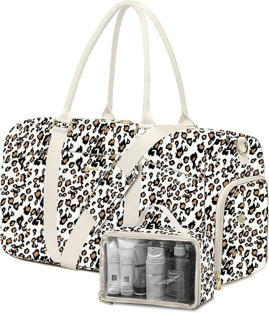 Women Weekender Travel Duffle Bag: Travel Duffel Overnight Bags with Shoe Compartment Large Carry on Tote with Toiletry Bag Weekend Traveling Yoga Gym Hospital Bag for Women with Wet Pocket Leopard by FOCDOD