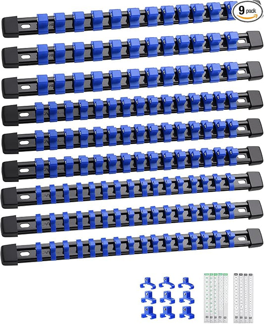 ALOANES 9PC Socket Organizer, Socket Rails Fit 1/2", 1/4" and 3/8" Drive | Heavy Duty ABS Socket Holders Hold up 129 Sockets for Toolbox Drawer Bags(Blue) by Aloanes
