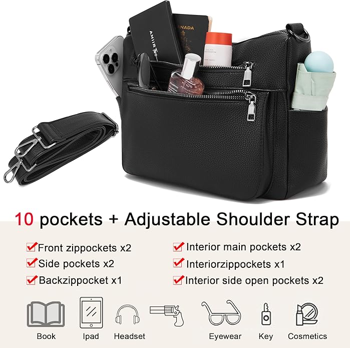 YZAOLL Large Crossbody Shoulder Bag for Women Vegan Leather Tote with Adjustable Wide Strap Work Purse with 10 Pockets