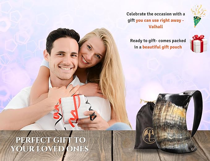 OLDEMPEROR Viking Drinking Horn Mug -16 Oz - Chirstmas Gifts for Men, Women, Dad, Husband - Unique Handmade for Hot & Cold - Food Grade Medieval Style Ale Beer & Mead Cup