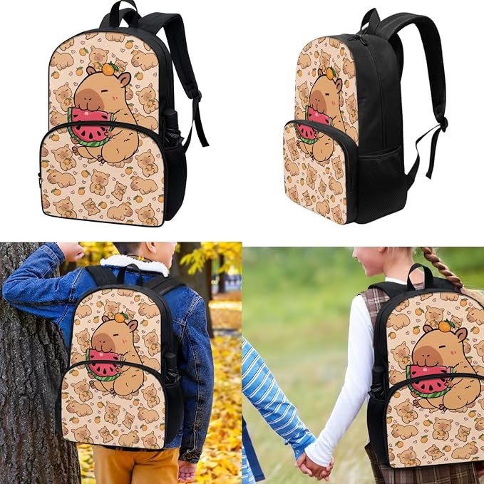 Primary Middle School Backpack with Lunch Box Pencil Case 3 In 1 Capibala Watermelon School Bag Book Bag Large Capacity Student Bookbags Casual Shoulder Bags Daypack - Image 2
