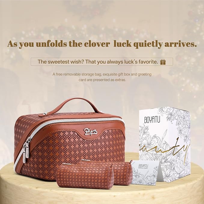 BOYATU Travel Makeup Bag for Women: Four Leaf Clover Large Capacity 3 Pcs Set Cosmetic Bags - Waterproof 50% Extra Space for Toiletry Organizer - Travel Essentials for Fortunate (10 Red Brown) - Image 6