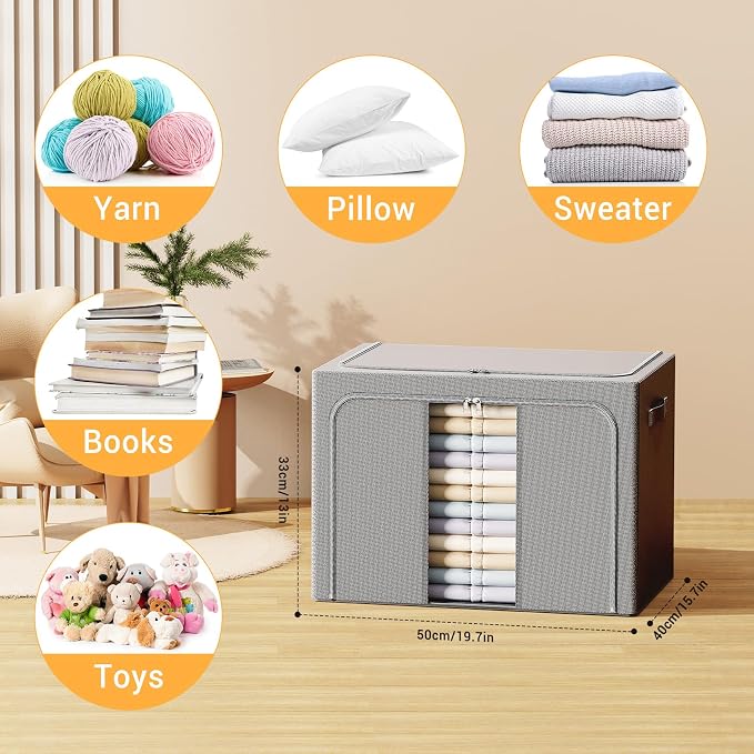 Clothes Storage Bins with Metal Frame, Foldable Clothes Organizers Storage Containers for Clothes, Sheets, Blankets, Pillows and Towels （66L, 3 Pack, Deep Grey - Image 2