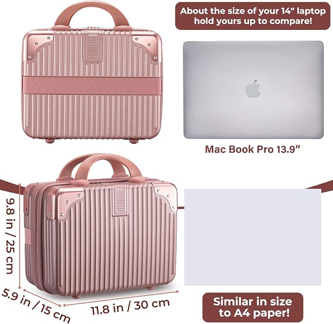 Noverlife 14 Inch Portable Makeup Travel Case Hand Luggage, Pressure-proof ABS Carrying Makeup Case Suitcase with Elastic Band, Small Hard Shell Cosmetic Case for Travel Camping Women Girl - Rose Gold | 14 Inch Hard Shell Cosmetic Case for Women Girl, ... - Image 2