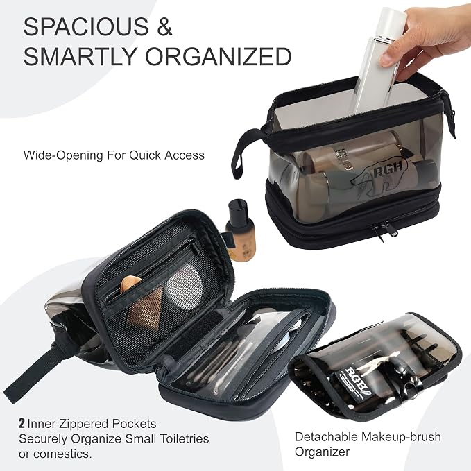 Rough Enough Clear Cosmetic Bag for Women and Men, Leakproof Travel Makeup Organizer, with Detachable Brush Pouch, Large Opening, 6.5”x5”x8.5”, Black - Image 3