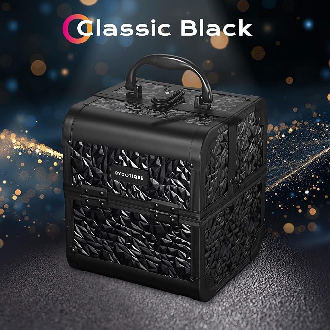 BYOOTIQUE Mini Makeup Train Case with Mirror 2 Tier Trays Box Makeup Artist | Aluminum Portable Travel Makeup Case Organizer Box Lockable Suitcase Cosmetic Storage Hairstylist Nail Tech Mermaid Black - Image 2