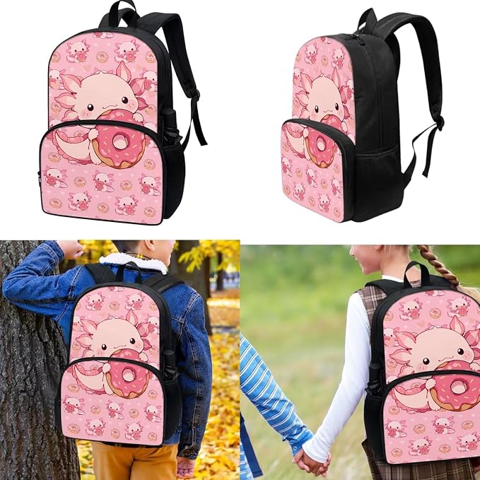 Axolotl Donuts Backpack for Kids, Girls Cute Backpack School Bookbag with Insulated Lunch Box Pencil Case 3 in 1, Lightweight Backpack for Travel - Image 2