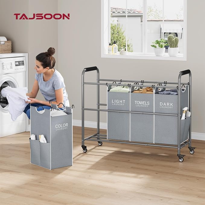 Tajsoon 4 Bag Laundry Sorter Cart, 4 Section Laundry Hamper Sorter with Heavy Duty Lockable Rolling Wheels, Laundry Separator Hamper with Removable Bags for Dirty Clothes Storage, Grey & White - Image 2