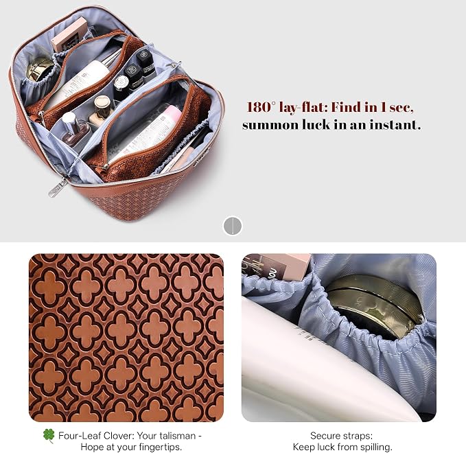 BOYATU Travel Makeup Bag for Women: Four Leaf Clover Large Capacity 3 Pcs Set Cosmetic Bags - Waterproof 50% Extra Space for Toiletry Organizer - Travel Essentials for Fortunate (10 Red Brown) - Image 7
