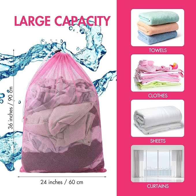Berlune Large Mesh Laundry Bags, 24 x 36 Inch Bulk Wash Set with Drawstring for Commercial Use, Dorms, Vacation Rentals, Laundromats, Apartments & Facilities(Pink,30) - Image 3