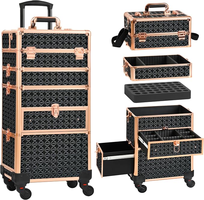 Makeup Train Case with Drawer, Rolling Makeup Case, Cosmetology Case on Wheels, Gift, Large Makeup Case Organizers, Professional for Salon Barber, Nail, Tattoo, Black Gold by Unknown