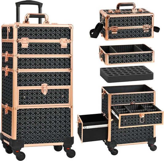 Makeup Train Case with Drawer, Rolling Makeup Case, Cosmetology Case on Wheels, Gift, Large Makeup Case Organizers, Professional for Salon Barber, Nail, Tattoo, Black Gold by Unknown