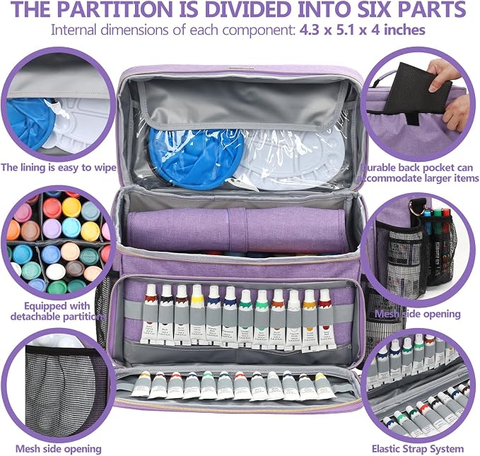 Art Supplies Organizer Storage Bag with Detachable Paint Brush Holder & Partition - Carrying Case for Home/Travel/Outdoor Fits Marks, Acrylic Paint, Palettes, Folding Buckets, Portfolios (Pro Purple) - Image 3