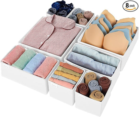 Criusia Drawer Organizer Clothes, 8 Pack Underwear Drawer Organizer, Foldable Closet Organizers and Storage Dresser Drawer Dividers for Clothes, Socks, Scarves, Ties (White) by Criusia