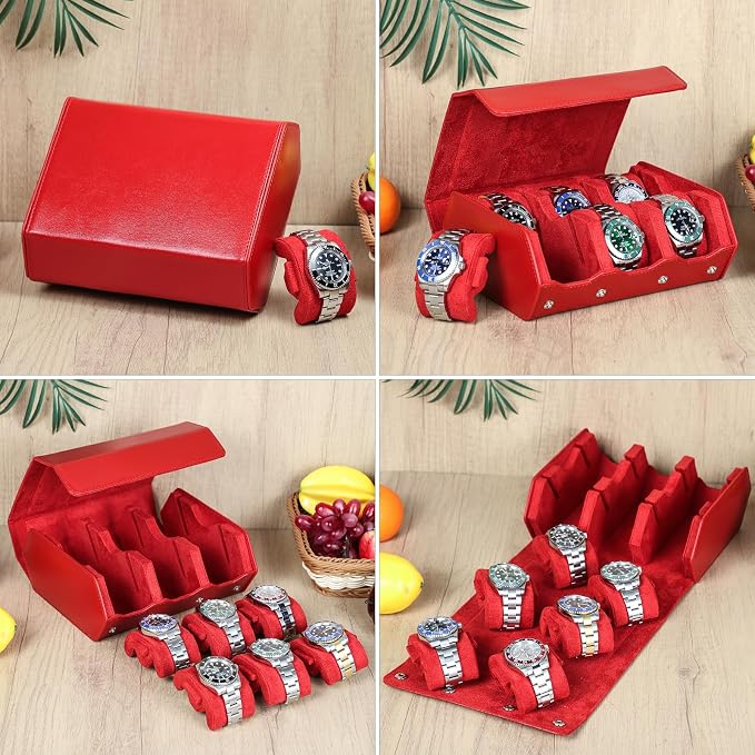 Hiram Saffiano Leather Hexagon Watch Roll Travel Case, Leather 6-Watches Roll Case with Removable Pillow Cushion for Treasured Watches and Bracelets - Red - Image 2