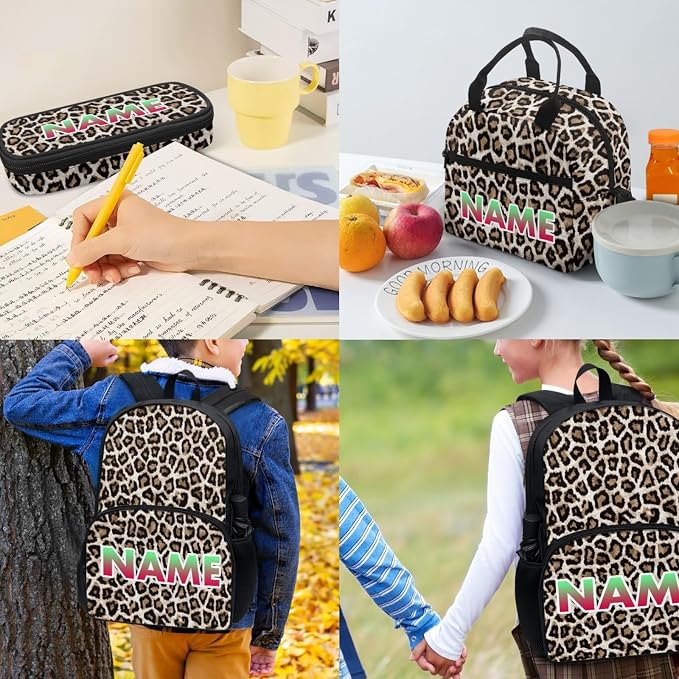 Cheetah Teenagers Backpack & Lunch Bag 4Set, Leopard Spots Daypack with Kids Pencil Water Bottle Carrier Bag, Brown Student Bookbags Pen Case - Image 4