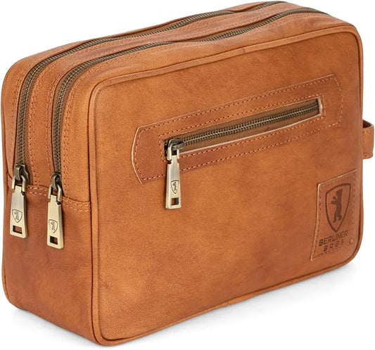 BERLINER BAGS Vintage Genuine Leather Toiletry Bag Paul for Travel, Two Zippered Compartments, Large Capacity Cosmetics Bag for Men and Women, Gift for Dad - Brown by BERLINERBAGS