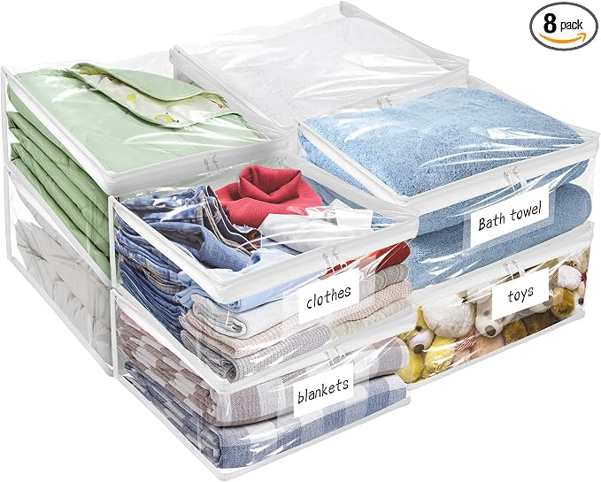 Kikerike Plastic Storage Bags with Easy-Glide Zipper, Pack of 8, Durable Clear Vinyl Zippered Storage Bags for Clothes Sweaters Comforters Blankets Sheets Bedding (23.6 x 16.9 x 13.8 Inch, White) by Kikerike
