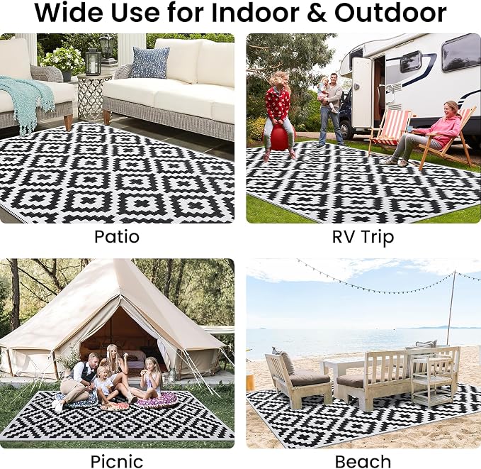 Smiry Waterproof Outdoor Rug 5x8 ft, Reversible Plastic Straw Patio Camping Rugs, Outdoor Indoor RV Mat Carpet for Patio, Outside Entry, Backyard, Deck, Bench, Picnic, Camper, Black & White - Image 7